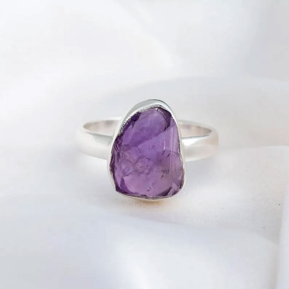 Sterling Silver Ring with Raw Purple Amethyst Crystal
