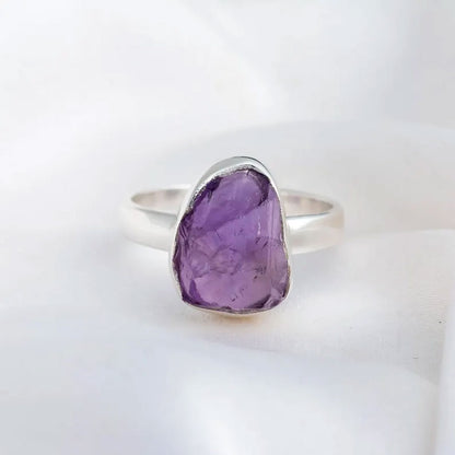 Sterling Silver Ring with Raw Purple Amethyst Crystal