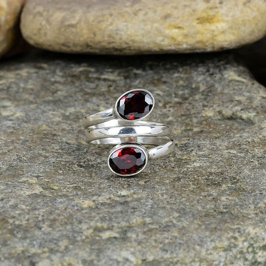 Silver Triple-Wrap Bypass Ring with Dual Garnet