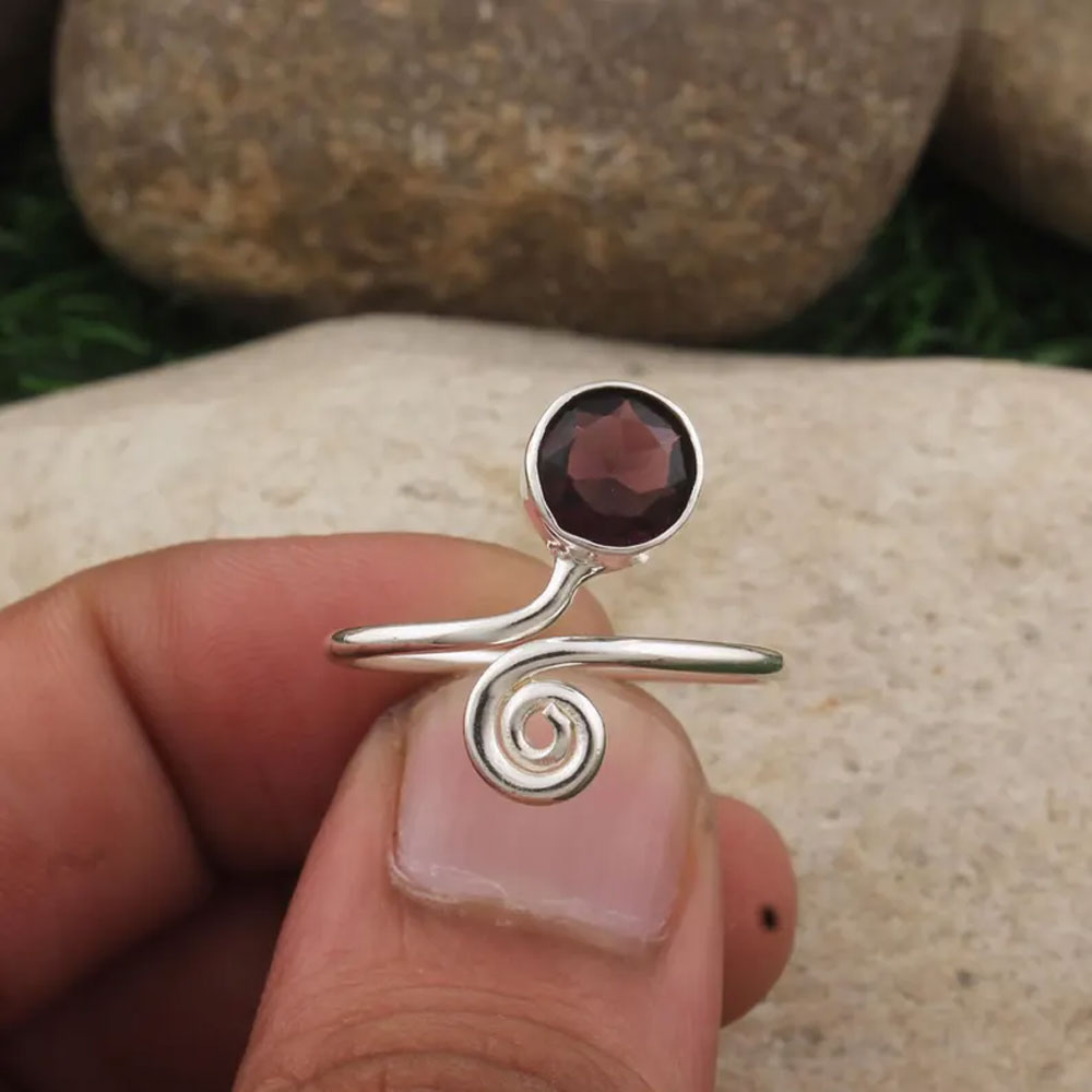 925 Silver Garnet Spiral Bypass Ring | Boho Jewelry