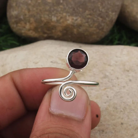 925 Silver Garnet Spiral Bypass Ring | Boho Jewelry
