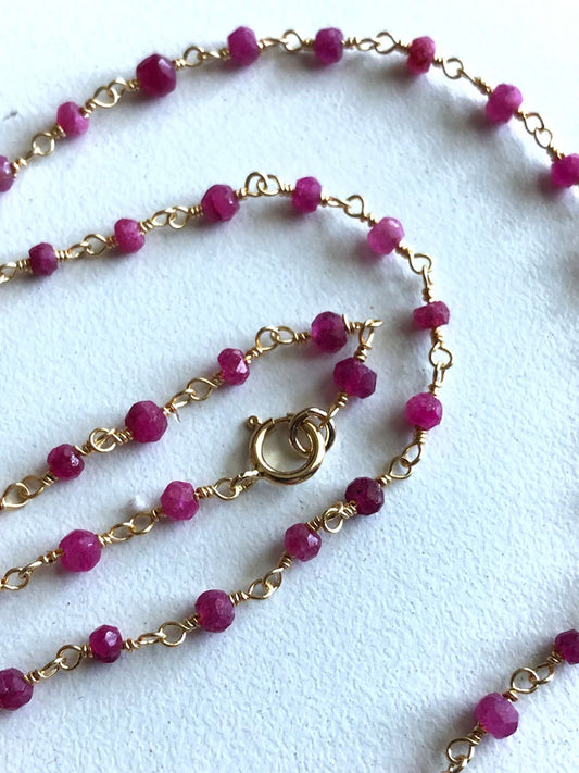 Pink Faceted Gemstone Rosary Chain Necklace | Brass Filled