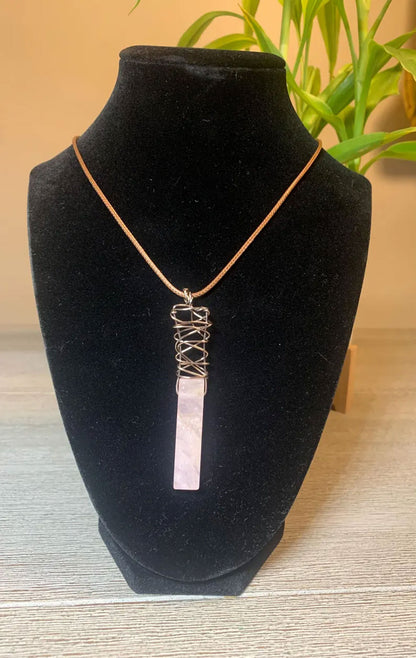 Rose Quartz Bar Pendant | Silver Wire Wrapped Necklace