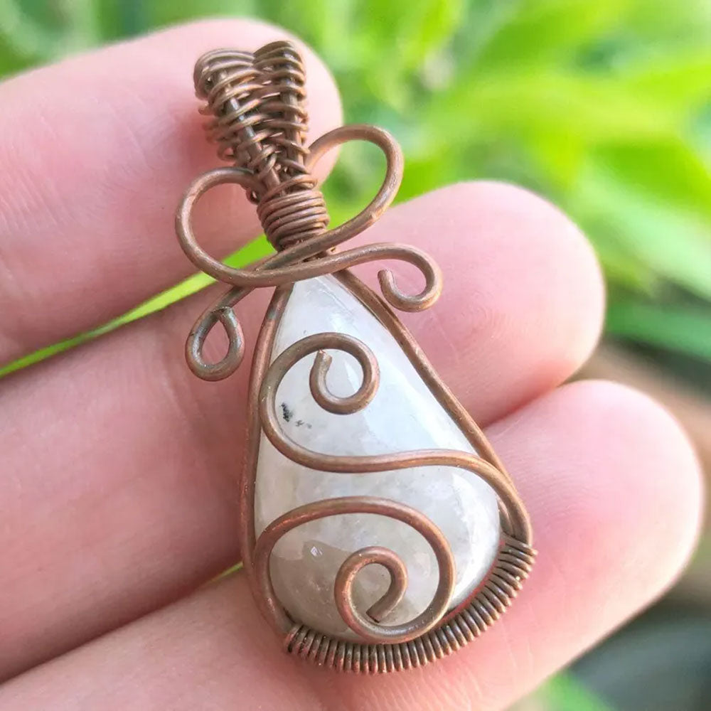 Moonstone Pear Pendant | Intricate Copper Wire Jewelry