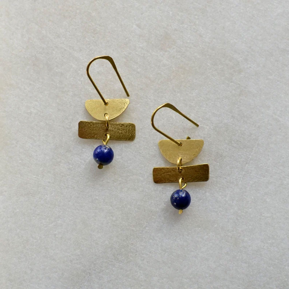 Lapis Lazuli Geometric Earrings | Handmade Brass Jewelry