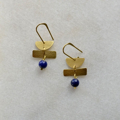 Lapis Lazuli Geometric Earrings | Handmade Brass Jewelry