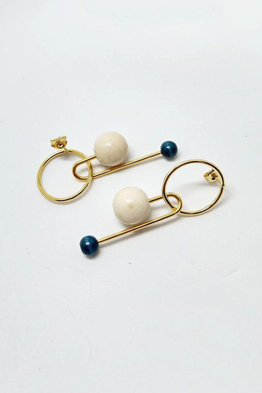 Modern Hoop Earrings with Wood & Blue Beads | Gold Plated
