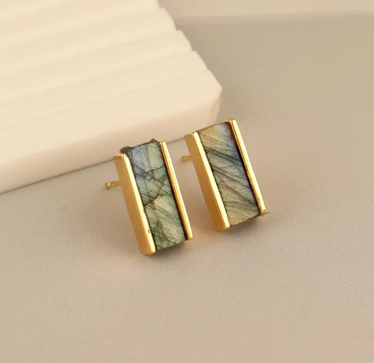 Natural Labradorite Bar Stud Earrings | Modern Gold Settings