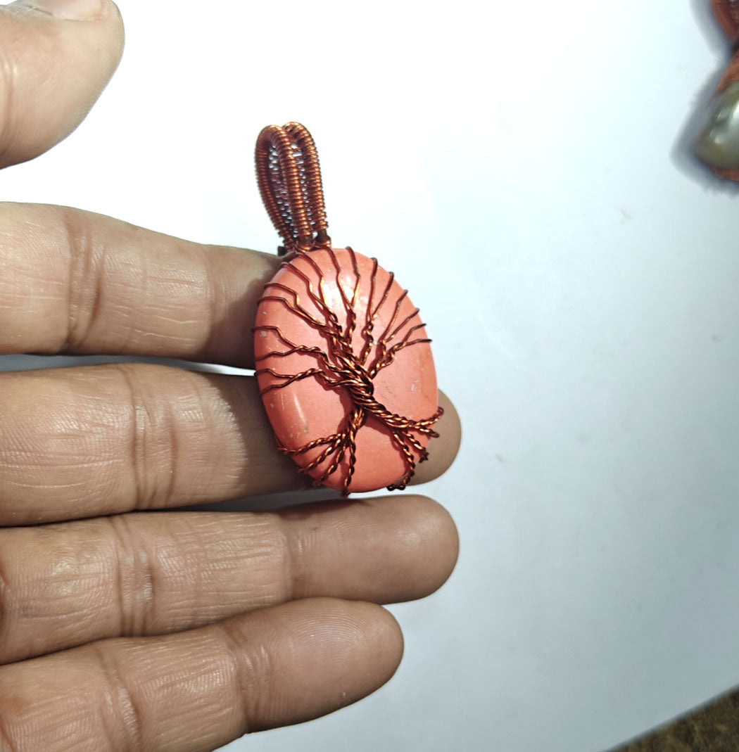 Coral Peach Stone Tree of Life Pendant | Copper Jewelry
