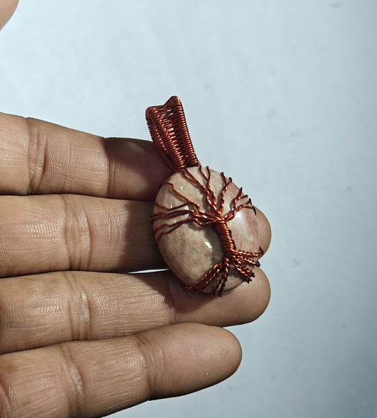 Tan Stone Tree of Life Pendant | Small Oval Wire Wrap