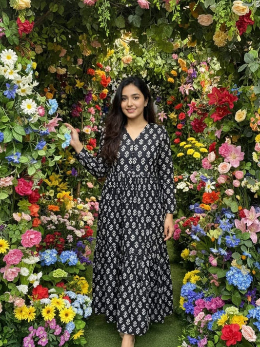 Black & White Floral Maxi Dress | Hari Om Creations