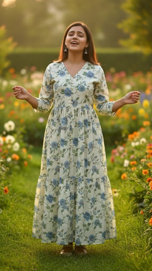 Cream Blue Floral Tiered Maxi Dress | Summer Collection