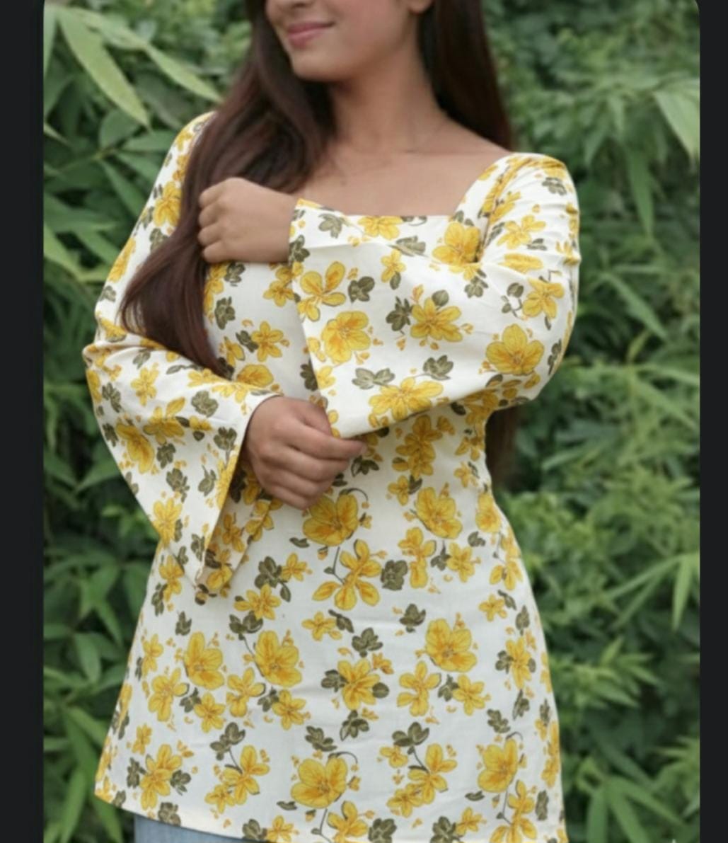 White & Yellow Floral Top | Bell-Sleeve Summer Print