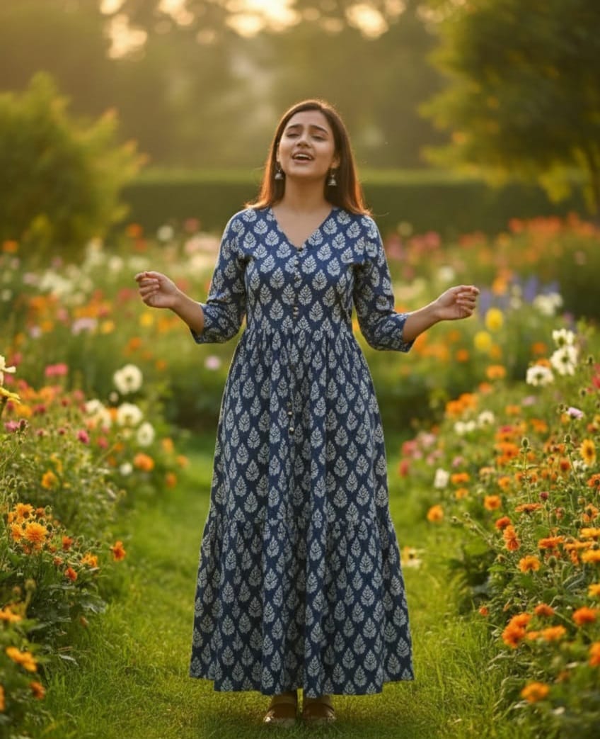 Deep Blue Printed Maxi Dress | Tiered Ethnic Floral