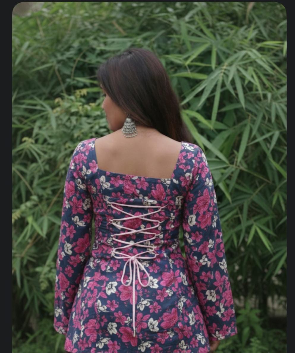 Navy Pink Floral Top | Bell-Sleeve Floral Print