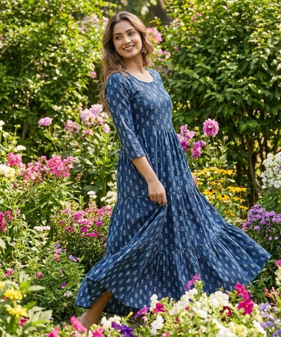 Cream Blue Floral Tiered Maxi Dress | Summer Collection