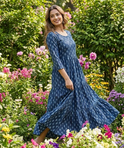 Cream Blue Floral Tiered Maxi Dress | Summer Collection