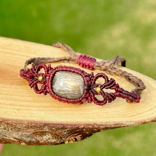 Maroon Macrame Sunstone Bracelet | Boho Hand-Woven Jewelry