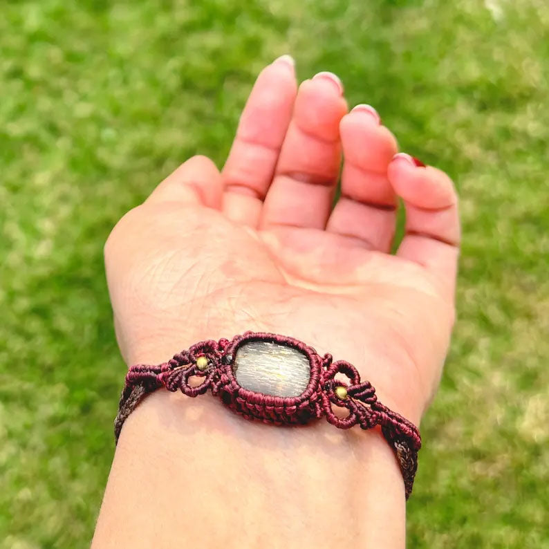 Maroon Macrame Sunstone Bracelet | Boho Hand-Woven Jewelry