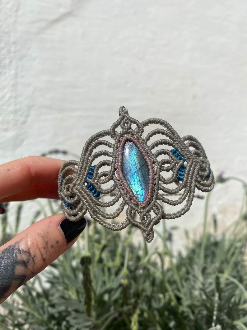 Wide Labradorite Macrame Cuff Bracelet | Hand-Woven Design