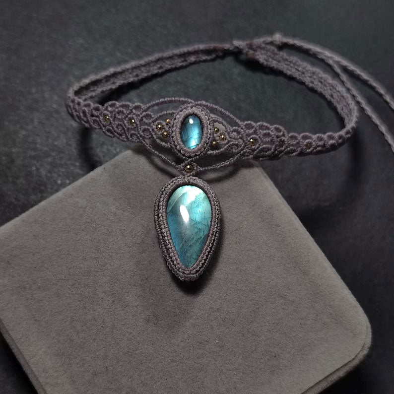 White & Gold Macrame Dual-Stone Necklace | Hari Om Creations