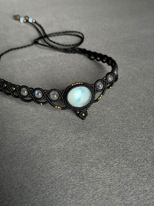 Moonstone Tribal Macrame Choker | Multi-Stone Woven Band