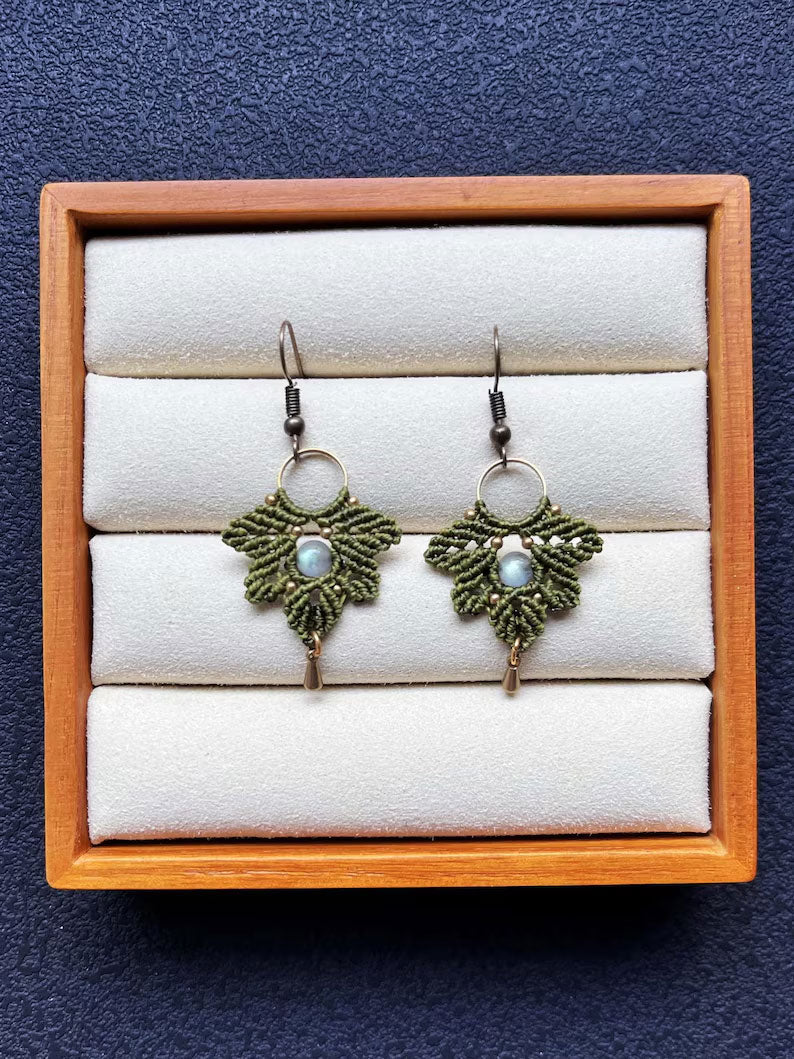 Forest Green Macrame Leaf Earrings | Hari Om Creations