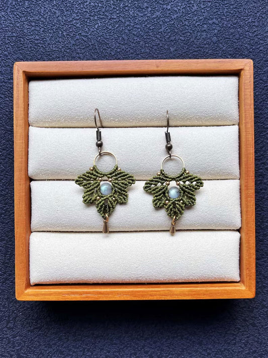 Forest Green Macrame Leaf Earrings | Hari Om Creations