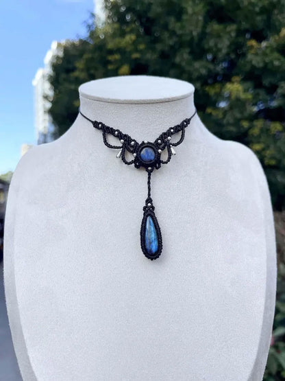 Black Y-Necklace Labradorite Macramé | Hariom Creations