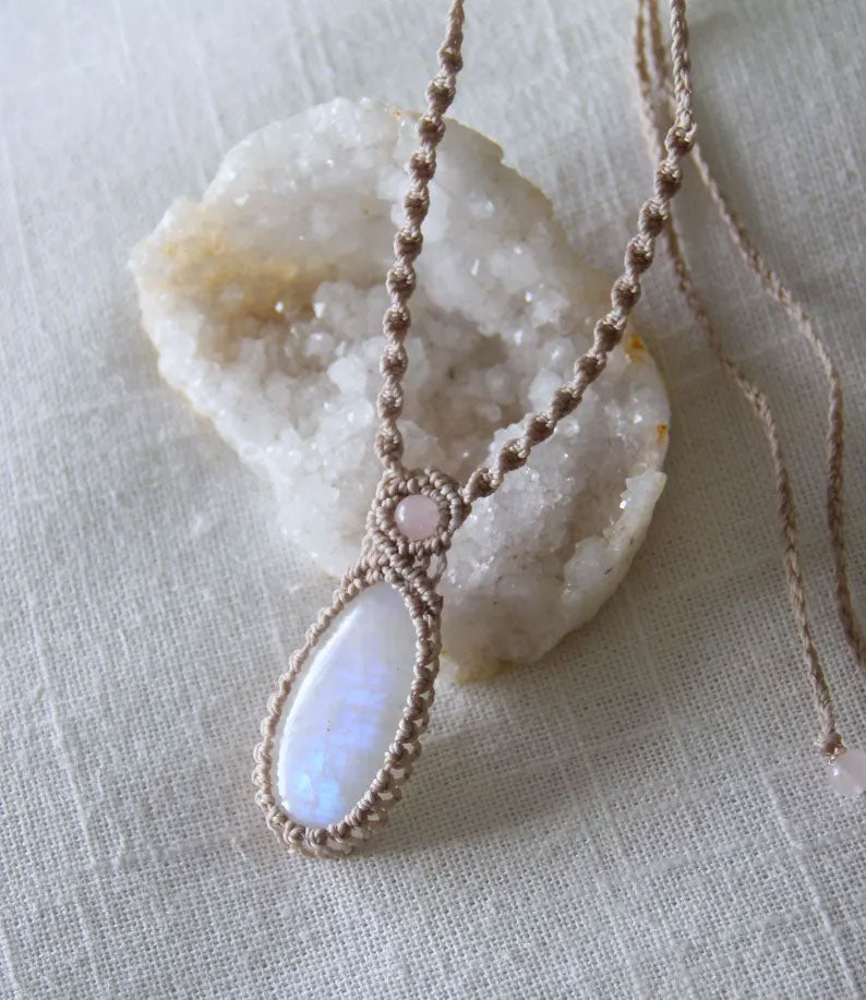 Moonstone Macrame Pendant Necklace with Rose Quartz