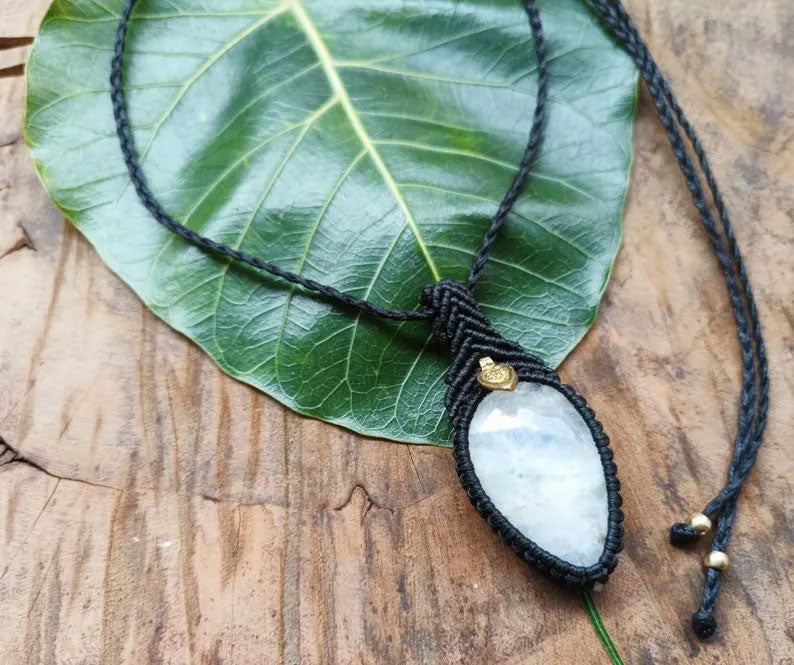 Black Moonstone Macrame Necklace - Teardrop Design