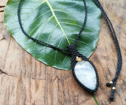 Black Moonstone Macrame Necklace - Teardrop Design