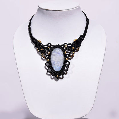 Oval Moonstone Macrame Statement Jewelry - Black Cord