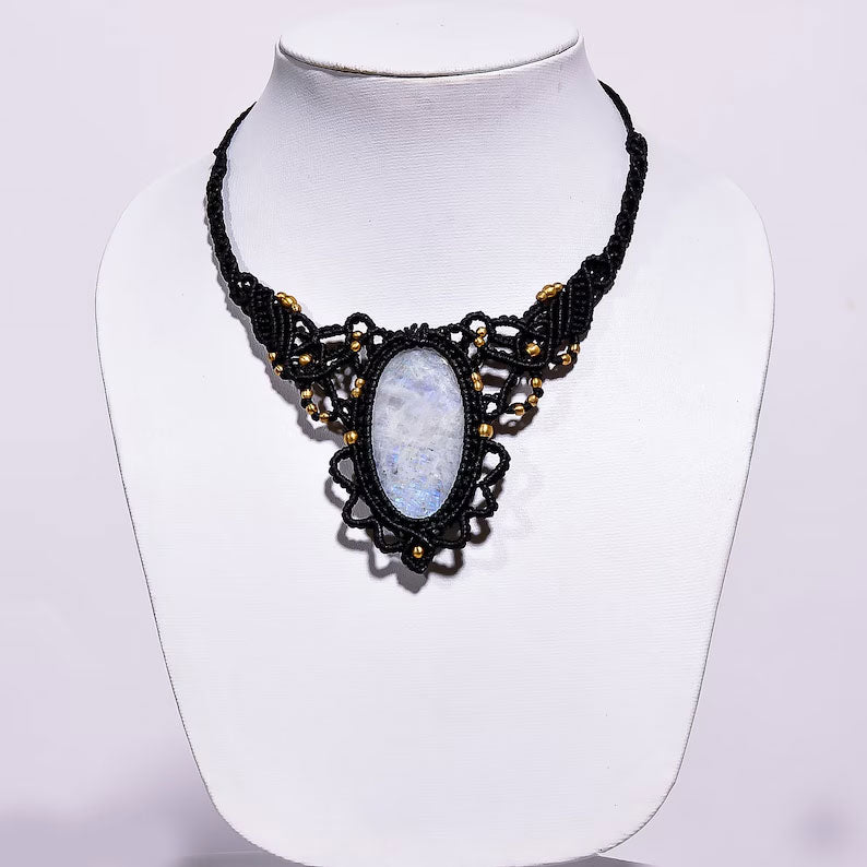 Oval Moonstone Macrame Statement Jewelry - Black Cord
