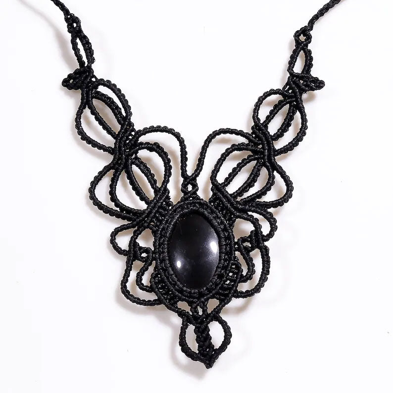 Black Onyx Macrame Necklace - Butterfly Inspired Design