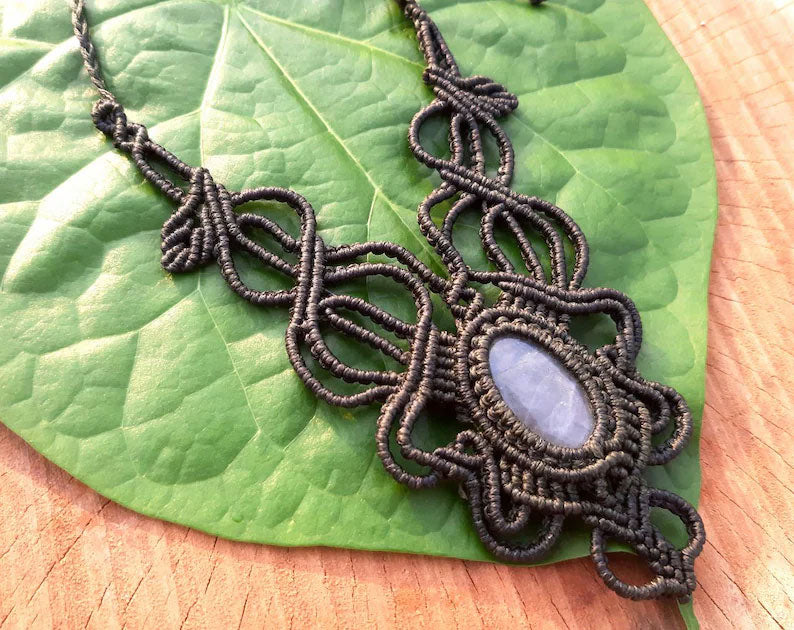 Lavender Gemstone Macrame Necklace - Floral Pattern