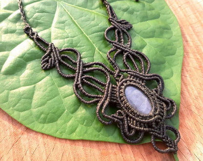 Lavender Gemstone Macrame Necklace - Floral Pattern