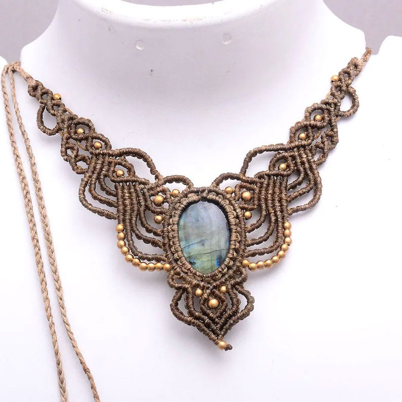 Designer Labradorite Macrame Necklace - Brown & Gold
