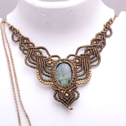 Designer Labradorite Macrame Necklace - Brown & Gold