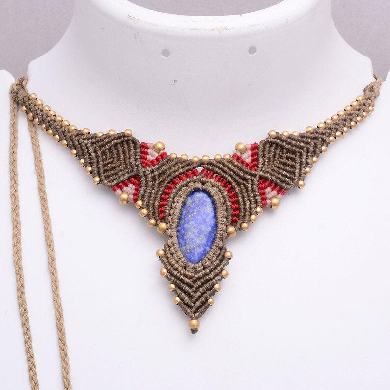 Lapis Lazuli Macrame Necklace - Red & Brown Tribal Style