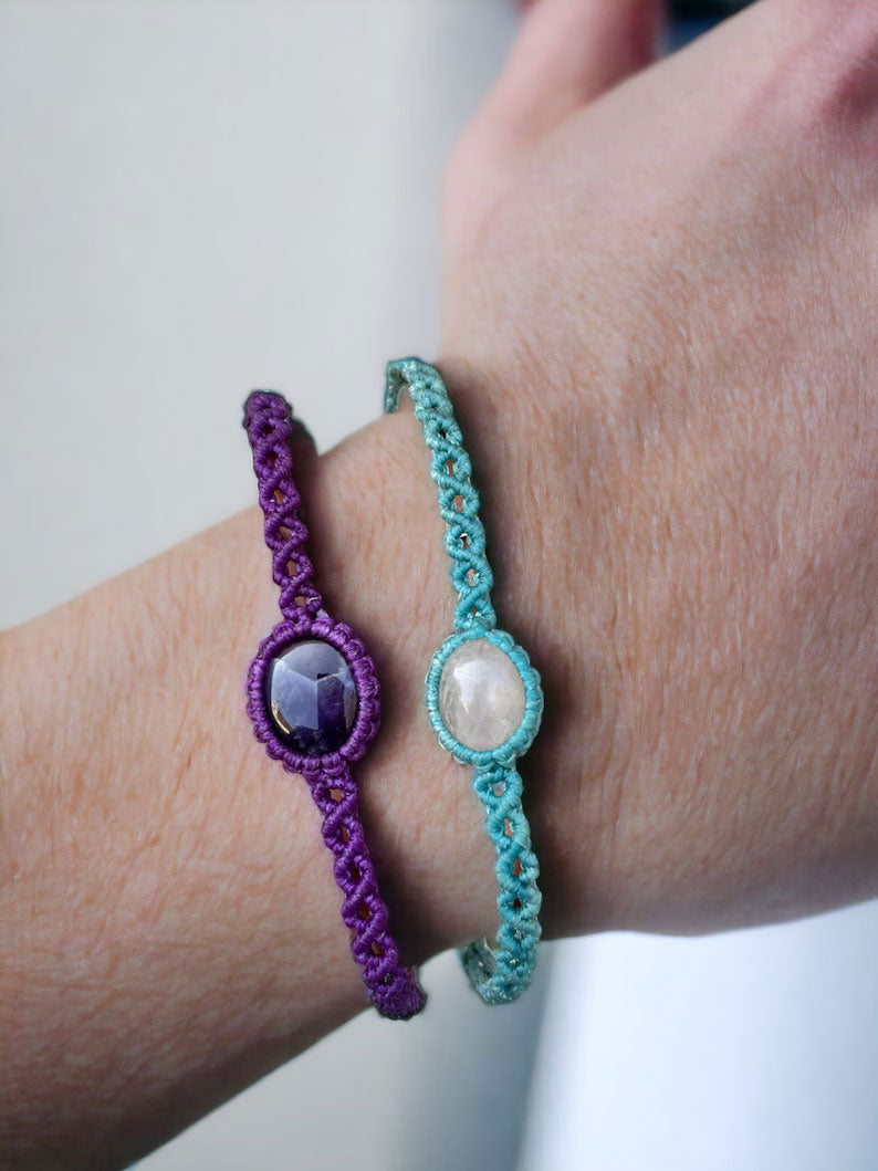 Set of 2 Macrame Bracelets: Amethyst & Moonstone Colors