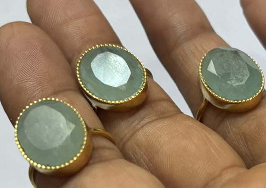 Handmade Sterling Silver Gold Plated Oval Shape Aquamarine Gemstone 10X16MM Adjustable Ring Bezel Setting Women Vintage Ring Gift For Her Jewelry