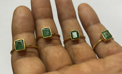 Crafted By Hand Sterling Silver Gold Plated Adjustable Ring 5X7MM Square Shaped Emerald Gemstone Bezel Setting For Anniversary Gift Women or Men Jewelry