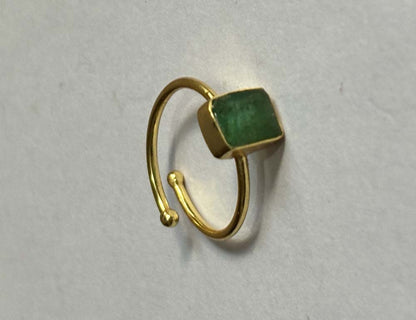 Crafted By Hand Sterling Silver Gold Plated Adjustable Ring 5X7MM Square Shaped Emerald Gemstone Bezel Setting For Anniversary Gift Women or Men Jewelry
