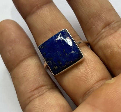 Crafted By Hand Sterling Silver Ring 8X10MM Square Shaped Lapis Lazuli Gemstone Bezel Setting For Anniversary Gift Women or Men Jewelry