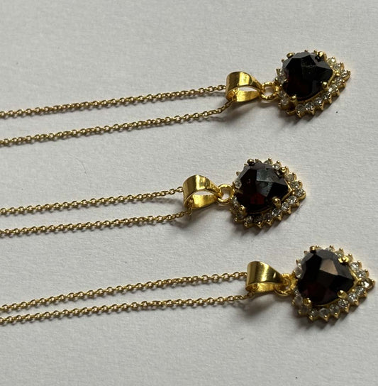 Crafted By Hand Sterling Silver Gold Plated Heart Shape Garnet Gemstone 10MM Pendant Bezel Set Women Vintage Pendant Gift Jewelry For Her