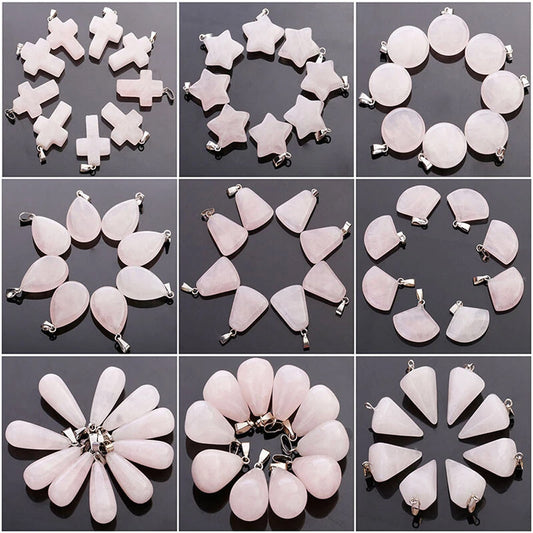 12mm Multiple Shaped Natural Rose Quartz Gemstone Pendant Handmade 925 Sterling Silver Drill Set For Anniversary Gift's Women or Men Jewelry For Her