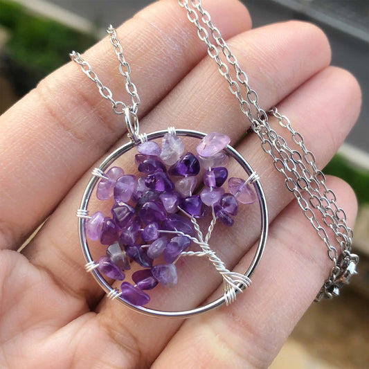 3To5mm Amethyst Gemstone Tree Of Pendant With Chain Necklace Wire Wrapped Set 925 Sterling Silver Silver Anniversary Gift's Women or Men Jewelry For Her