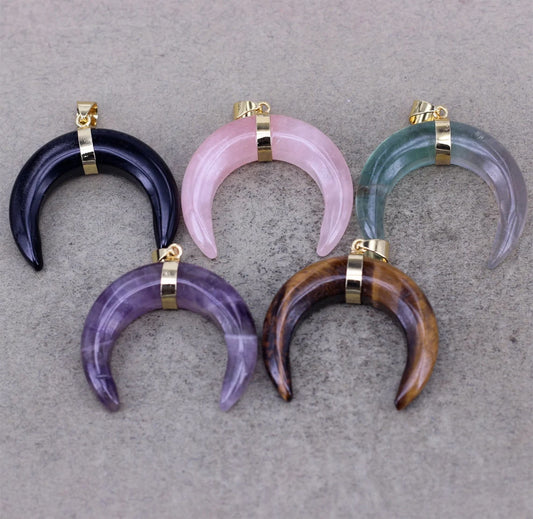 OX-Horn Pendant Natural Crescent Moon Pendants 12mm Natural Multi Color Gemstone 925 Sterling Silver Bezel Set Anniversary Gift's Women or Men Jewelry For Her