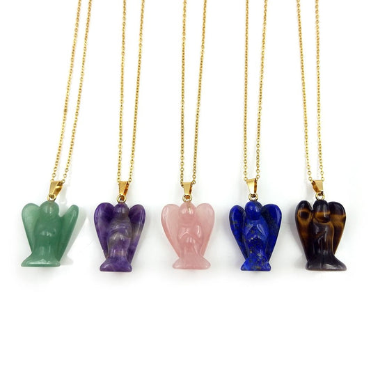 Angel Shape 15mm Pendant Natural Multi Gemstone Pendants With Chain 925 Sterling Silver Gold Plated Drilled Set Anniversary Gift's Women and girl Jewelry For Her